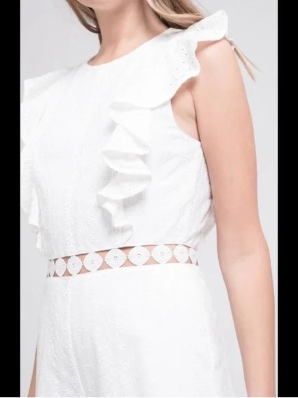 J.O.A. White Eyelet Ruffle Waist Jumpsuit